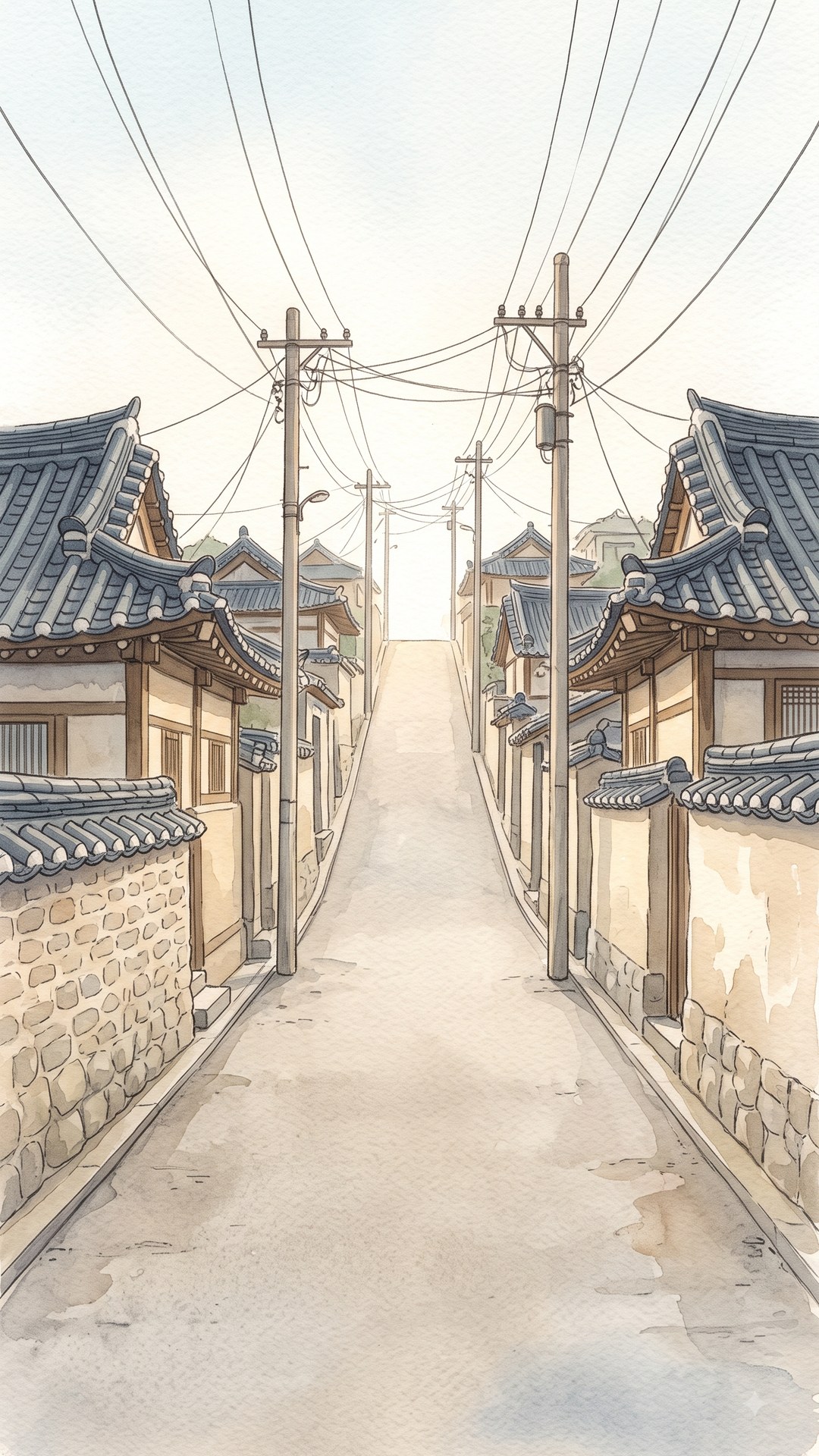 수채화로 그린 한국 골목 배경 원화